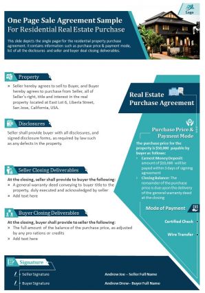 One page sale agreement sample for residential real estate purchase report infographic ppt pdf document