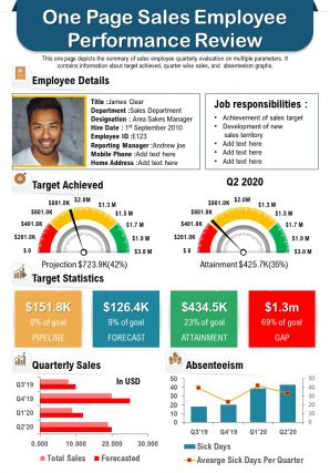 One page sales employee performance review presentation report infographic ppt pdf document