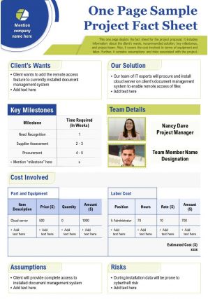 One page sample project fact sheet presentation report infographic ppt pdf document