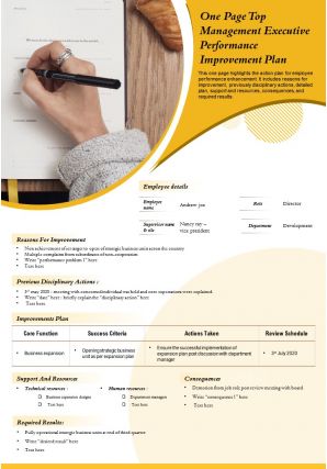 One page top management executive performance improvement plan presentation report infographic ppt pdf document