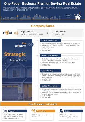 One page business plan for buying real estate document ppt pdf doc printable