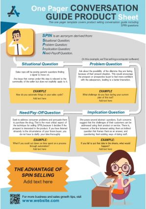 One pager conversation guide product sheet presentation report infographic ppt pdf document