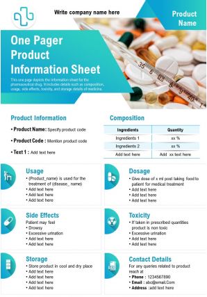 One pager product information sheet presentation report infographic ppt pdf document