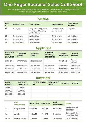 One pager recruiter sales call sheet presentation report infographic ppt pdf document