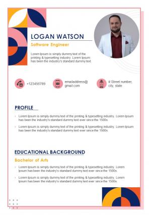 One Pager Resume For Experienced Software Engineer Presentation Report Infographic Ppt Pdf Document