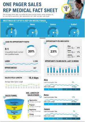 One pager sales rep medical fact sheet presentation report infographic ppt pdf document