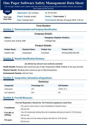 One pager software safety management data sheet presentation report infographic ppt pdf document