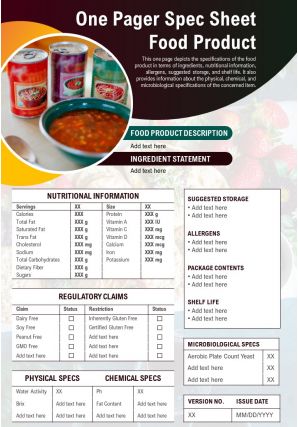 One pager spec sheet food product presentation report infographic ppt pdf document