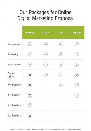 Our Packages For Online Digital Marketing Proposal One Pager Sample Example Document