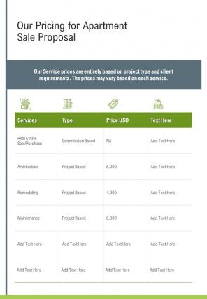 Our Pricing For Apartment Sale Proposal One Pager Sample Example Document