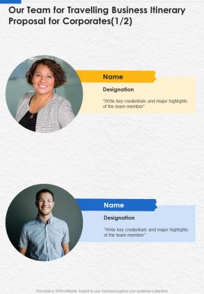 Our Team For Travelling Business Itinerary Proposal For Corporates One Pager Sample Example Document