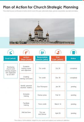 Plan Of Action For Church Strategic Planning One Pager Sample Example Document