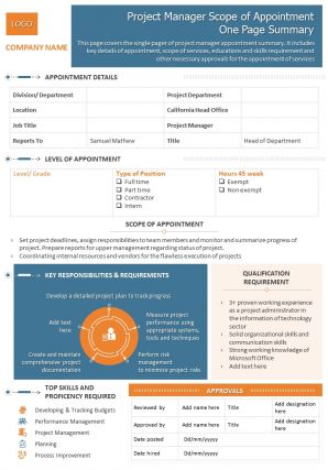 Project manager scope of appointment one page summary presentation report infographic ppt pdf document