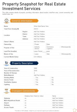 Property Snapshot For Real Estate Investment Services One Pager Sample Example Document