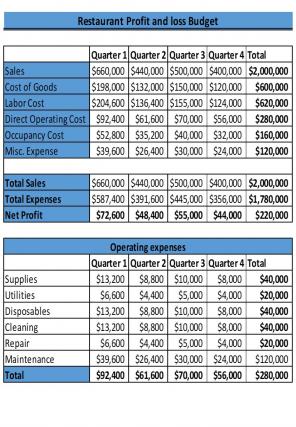 Restaurant Budget Excel Spreadsheet Worksheet Xlcsv XL SS Editable Interactive