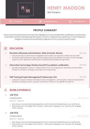 Sample resume template for web designer with profile summary