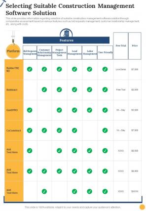 Selecting Suitable Construction Management Software Construction One Pager Sample Example Document