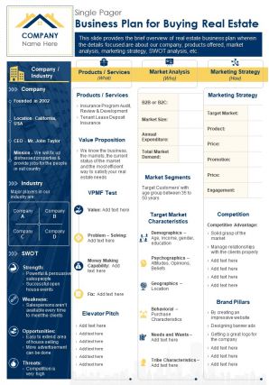 One page business plan for buying real estate document ppt pdf doc printable