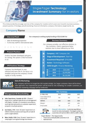 One page technology investment summary for investors document ppt pdf doc printable