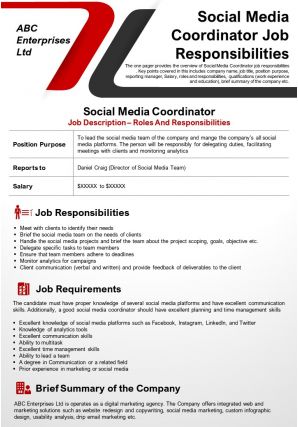 Social media coordinator job responsibilities presentation report infographic ppt pdf document