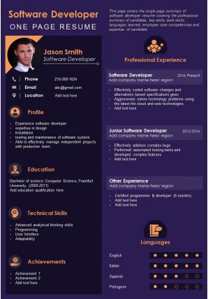 Software developer one page resume presentation report infographic ppt pdf document