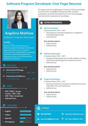 Software program developer one page resume presentation report infographic ppt pdf document