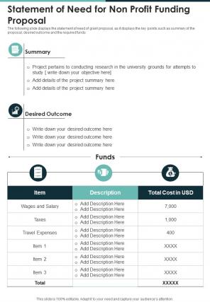 Statement Of Need For Non Profit Funding Proposal One Pager Sample Example Document