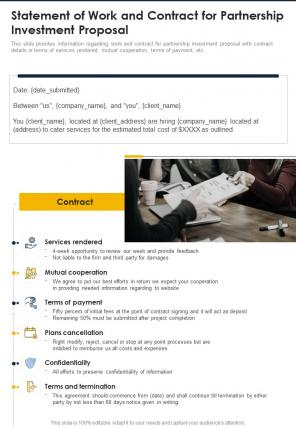 Statement Of Work And Contract For Partnership Investment One Pager Sample Example Document