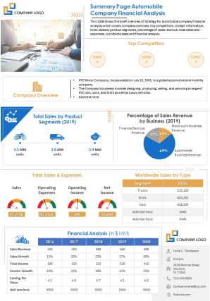 Summary one page automobile company financial analysis document ppt pdf doc printable