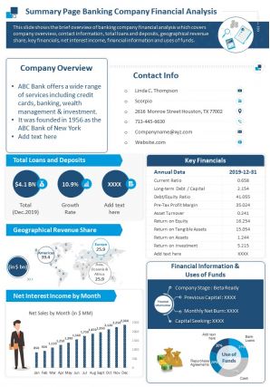 Summary one page banking company financial analysis document ppt pdf doc printable