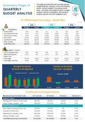 Summary one page of annual budget analysis document ppt pdf doc printable