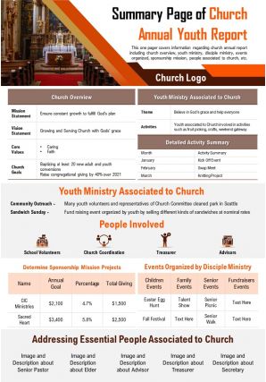 Summary page of church annual youth report presentation report infographic ppt pdf document