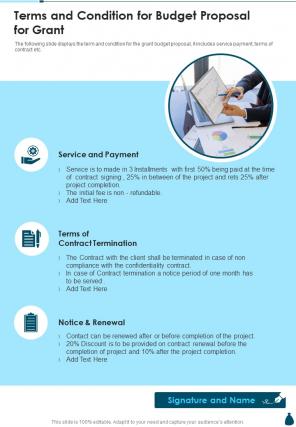 Terms And Condition For Budget Proposal For Grant One Pager Sample Example Document