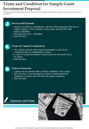 Terms And Condition For Sample Grant Investment Proposal One Pager Sample Example Document