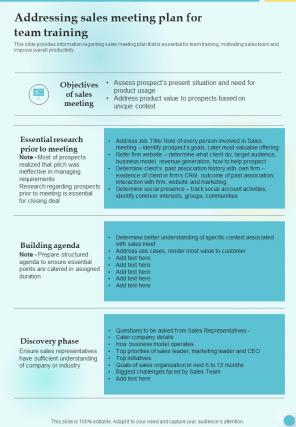 Training Playbook Template Addressing Sales Meeting Team Training One Pager Sample Example Document