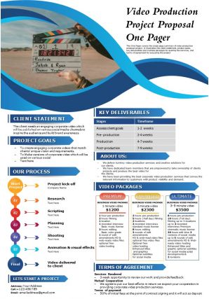 Video production project proposal one pager presentation report infographic ppt pdf document