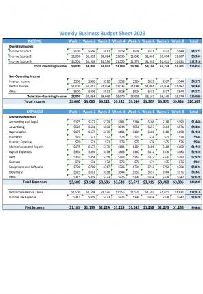 Weekly Business Budget Sheet Excel Spreadsheet Worksheet Xlcsv XL SS Professional Graphical