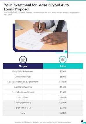 Your Investment For Lease Buyout Auto Loans Proposal One Pager Sample Example Document