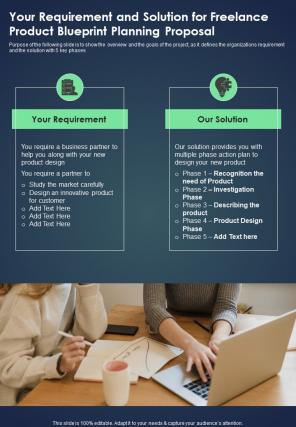 Your Requirement And Solution For Freelance Product Blueprint Planning One Pager Sample Example Document