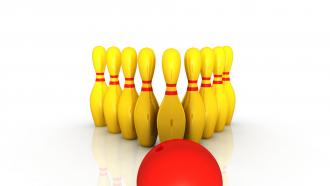 0914 bowling pins with red ball for sports stock photo