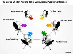 3d group of men around table with jigsaw puzzles conference ppt graphic icon