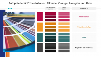 Farbpalette für Präsentationen: Pflaume, Orange, Blaugrün und Grau