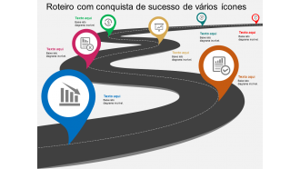 Roteiro com vários ícones, sucesso, conquista, design plano, powerpoint