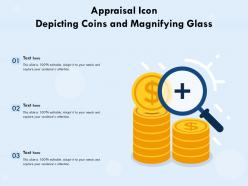 Appraisal icon depicting coins and magnifying glass