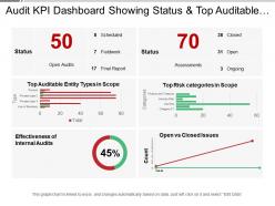 Audit kpi dashboard showing status and top auditable entity types