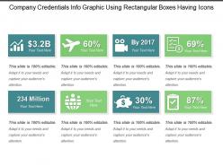 Company credentials info graphic using rectangular boxes having icons