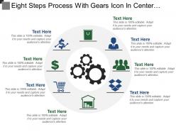 Eight steps process with gears icon in center and text holders