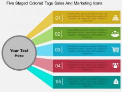 Five staged colored tags sales and marketing icons flat powerpoint design