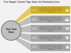 Five staged colored tags sales and marketing icons flat powerpoint design