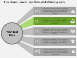 Five staged colored tags sales and marketing icons flat powerpoint design